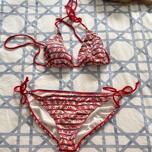Boden Red, White & Blue Leaf Print Triangle Bikini